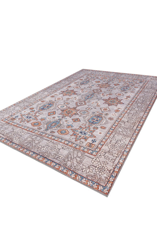 Load image 1 in gallery view. An angled view of the Echelon Bordered Washable Rug - LCC3018 (Custom Size), featuring intricate, colorful geometric and floral patterns with ornate borders on a white background—ideal for high-traffic spaces.
