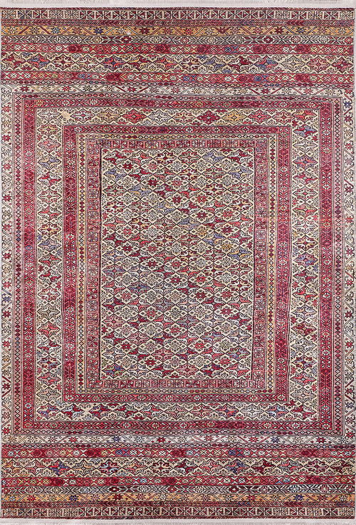 Load image 1 in gallery view. The Elegant Embellishments - Washable Rug - JR43 (Custom Size) is a detailed rectangular rug with geometric and floral patterns in red, cream, and blue, plus multiple decorative borders—ideal for high-traffic areas.