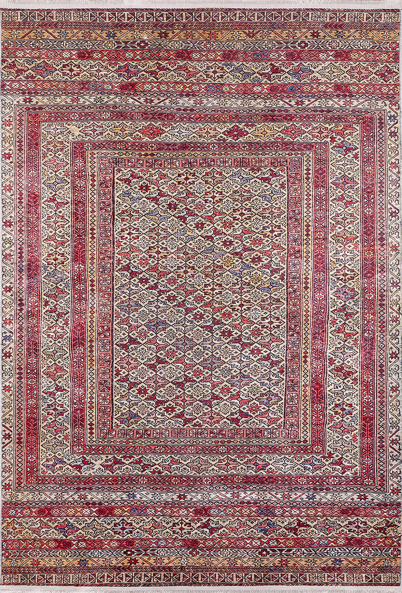 The Elegant Embellishments - Washable Rug - JR43 (Custom Size) is a detailed rectangular rug with geometric and floral patterns in red, cream, and blue, plus multiple decorative borders—ideal for high-traffic areas.