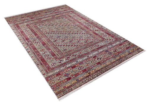 Load image 1 in gallery view. The Elegant Embellishments - Washable Rug - JR43 (Custom Size) is a large, rectangular red rug with intricate geometric and floral patterns in red, beige, and brown—ideal for high-traffic areas—shown on a white background.