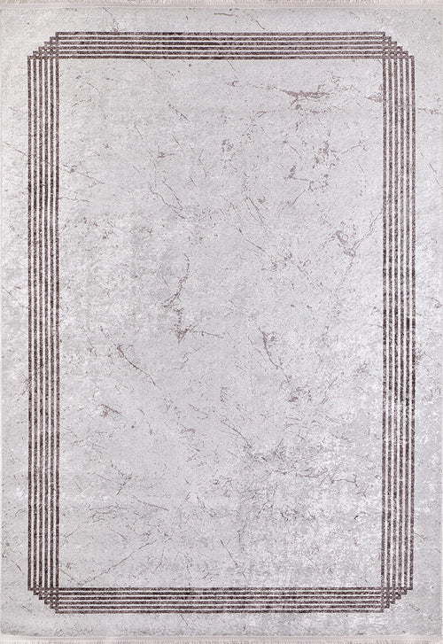 Load image 1 in gallery view. The Elegant and Chic - Washable Rug - JR1509 (Custom Size) features a light grey marbled texture with a simple double-line brown border—durable, washable, and ideal for high-traffic areas while stylishly framing your space.