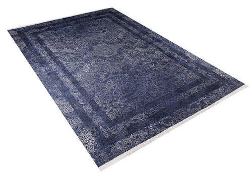 Load image 1 in gallery view. The Elegant and Modern - Washable Rug - JR1297 (Custom Size) is a large, rectangular blue rug with intricate floral and geometric patterns, a decorative border, and fringed edges—ideal for high-traffic areas.