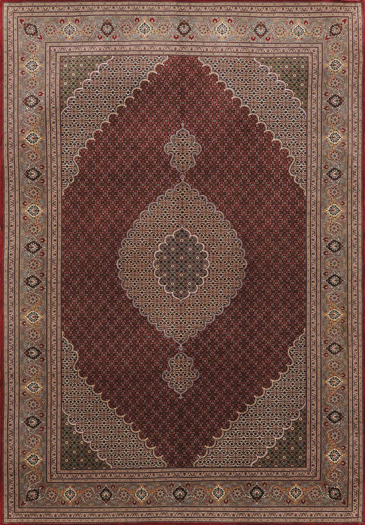 The Elysian Weave - Washable Rug (JRN1001) showcases a central medallion with floral and geometric motifs in red, cream, green, and brown. Its wide decorative border and symmetrical, detailed design add elegance to any space.