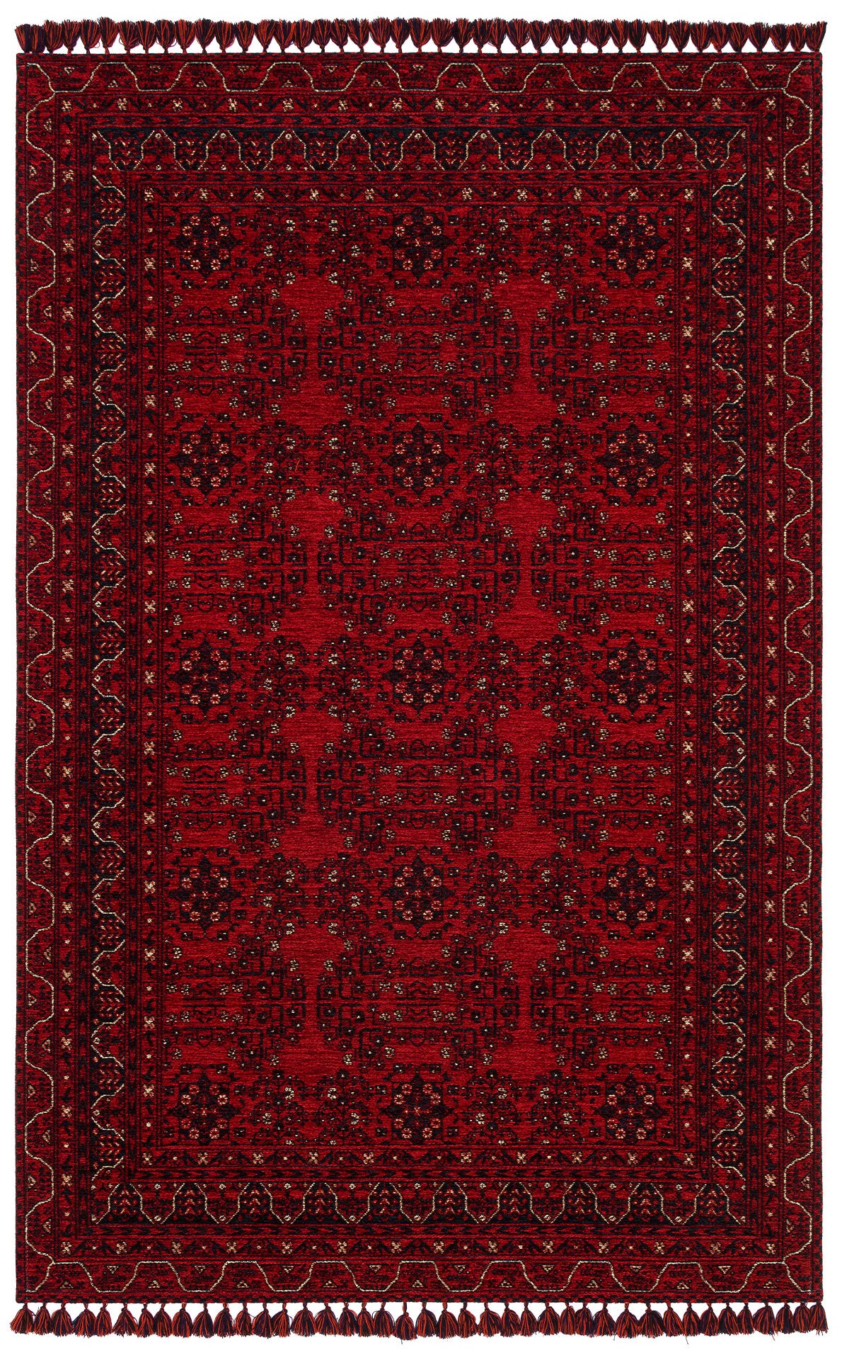 The Ember Stitch - Washable Kilim - BHR02 is a deep red, rectangular rug featuring intricate, symmetrical geometric patterns and multiple decorative borders, finished with red tasseled fringe and inspired by traditional Turkish kilim designs.