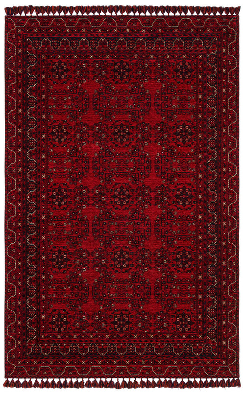 Load image 1 in gallery view. The Ember Stitch - Washable Kilim - BHR02 is a deep red, rectangular rug featuring intricate, symmetrical geometric patterns and multiple decorative borders, finished with red tasseled fringe and inspired by traditional Turkish kilim designs.
