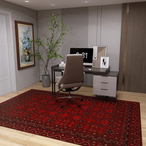 Load image 1 in gallery view. A modern home office with a desk, computer, and chair is arranged on the Ember Stitch - Washable Kilim - BHR02 rug. A potted plant, framed art, and decor enhance the neutral walls and wood flooring.