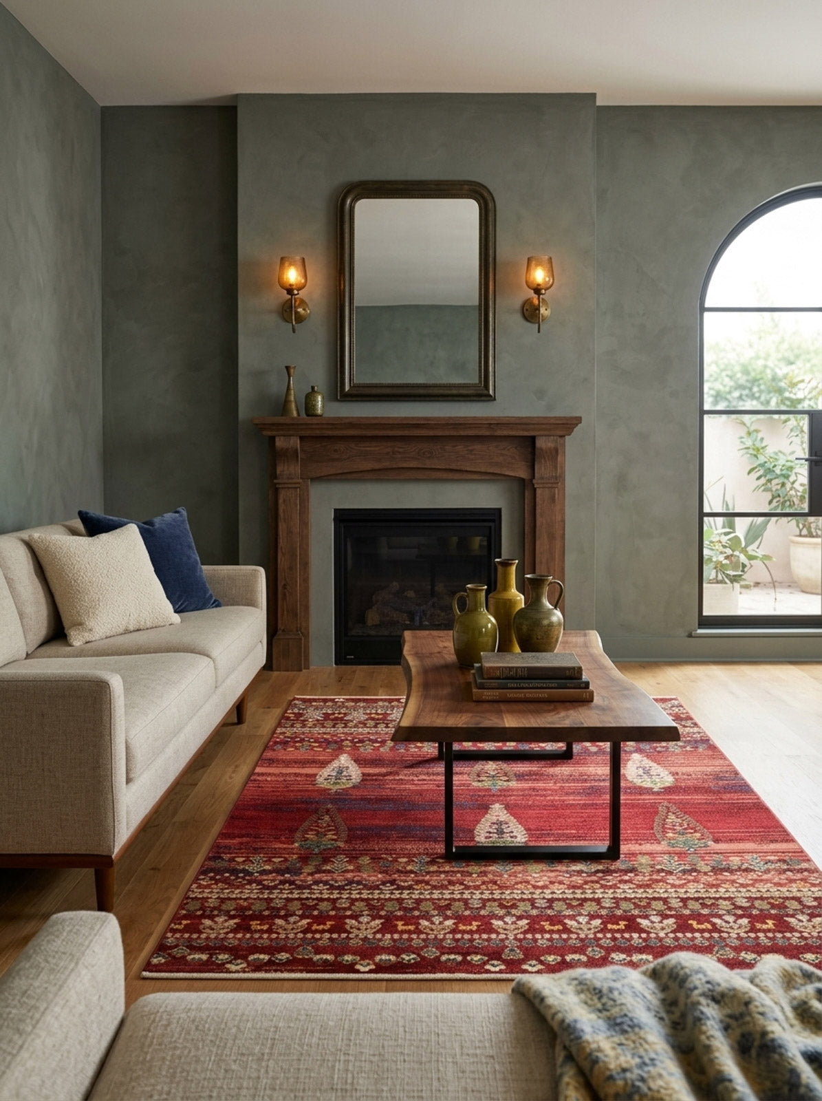 Red rug with traditional paisley and geometric border patterns, styled in a living room with a fireplace.