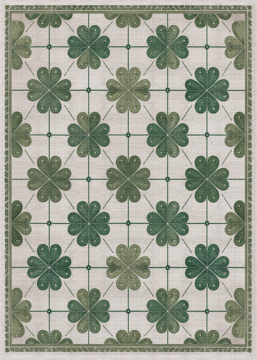 Load image 1 in gallery view. Emerald Charm - Washable Rug - JRS013 (Custom Size) features a modern cotton design with a green four-leaf clover grid and heart details on a light background, finished with a matching border for practical, stylish décor.