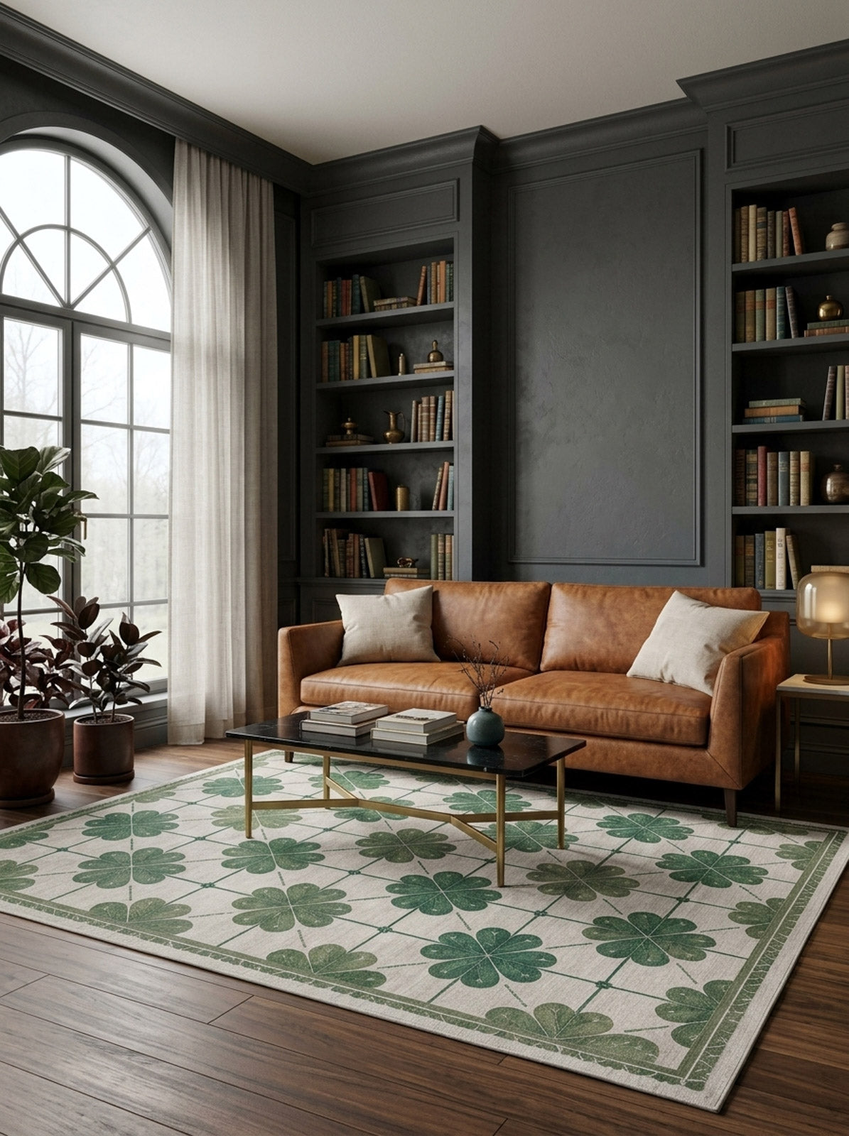 Cream rug with a green clover grid pattern, styled in a dark-toned living room with a leather sofa.