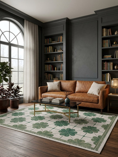 Load image 1 in gallery view. Cream rug with a green clover grid pattern, styled in a dark-toned living room with a leather sofa.