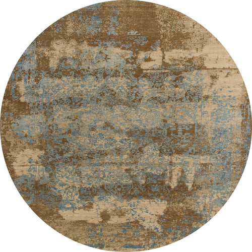 Load image 1 in gallery view. The Enchanted Threads - Washable Rug - JRS002 is a round, vintage-style rug with an abstract brown, beige, and blue pattern. Its washable design and distressed look make it ideal for high-traffic areas.