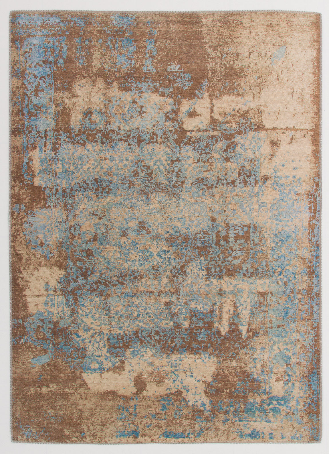 The Enchanted Threads - Washable Rug - JRS002 (Custom Size) features a distressed, abstract blue, brown, and beige pattern for a vintage look—washable and perfect for high-traffic areas or allergy-sensitive homes.