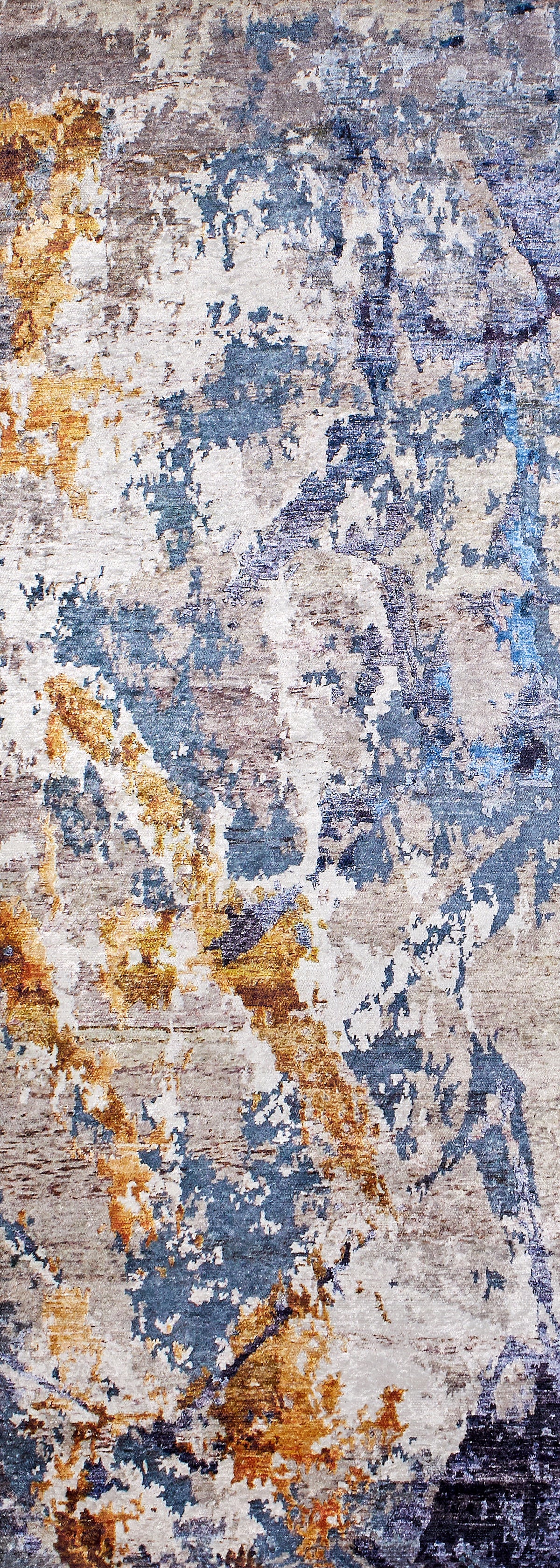 The Enigmatic Elegance - Washable Rug - JR787 showcases an abstract, watercolor-like design in blue, yellow, gray, and beige tones—perfect for high-traffic areas.