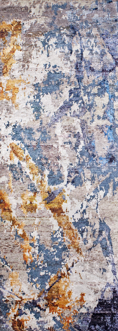 Load image 1 in gallery view. The Enigmatic Elegance - Washable Rug - JR787 showcases an abstract, watercolor-like design in blue, yellow, gray, and beige tones—perfect for high-traffic areas.