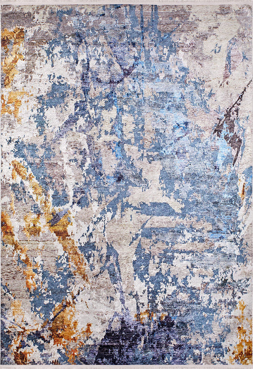 Load image 1 in gallery view. The Enigmatic Elegance - Washable Rug - JR787 (Custom Size) features a textured, painterly pattern in blue, beige, gray, and gold. Durable and ideal for high-traffic areas, its abstract design adds bold style to any space.