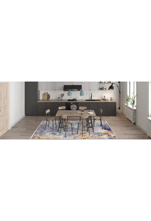 Load image 1 in gallery view. Modern kitchen and dining area with a wooden table, six chairs, pendant lights, and the Enigmatic Elegance - Washable Rug - JR787 (Custom Size)—perfect for high-traffic areas. Features dark lower cabinets, white uppers, and large windows for natural light.