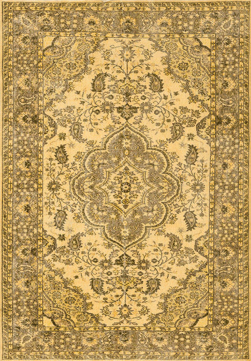 Load image 1 in gallery view. The Eternal Lattice - Washable Rug (JRN1010) is a rectangular Persian-style rug with an intricate floral and vine pattern in gold, beige, and brown, featuring a detailed border and a symmetrical central medallion.