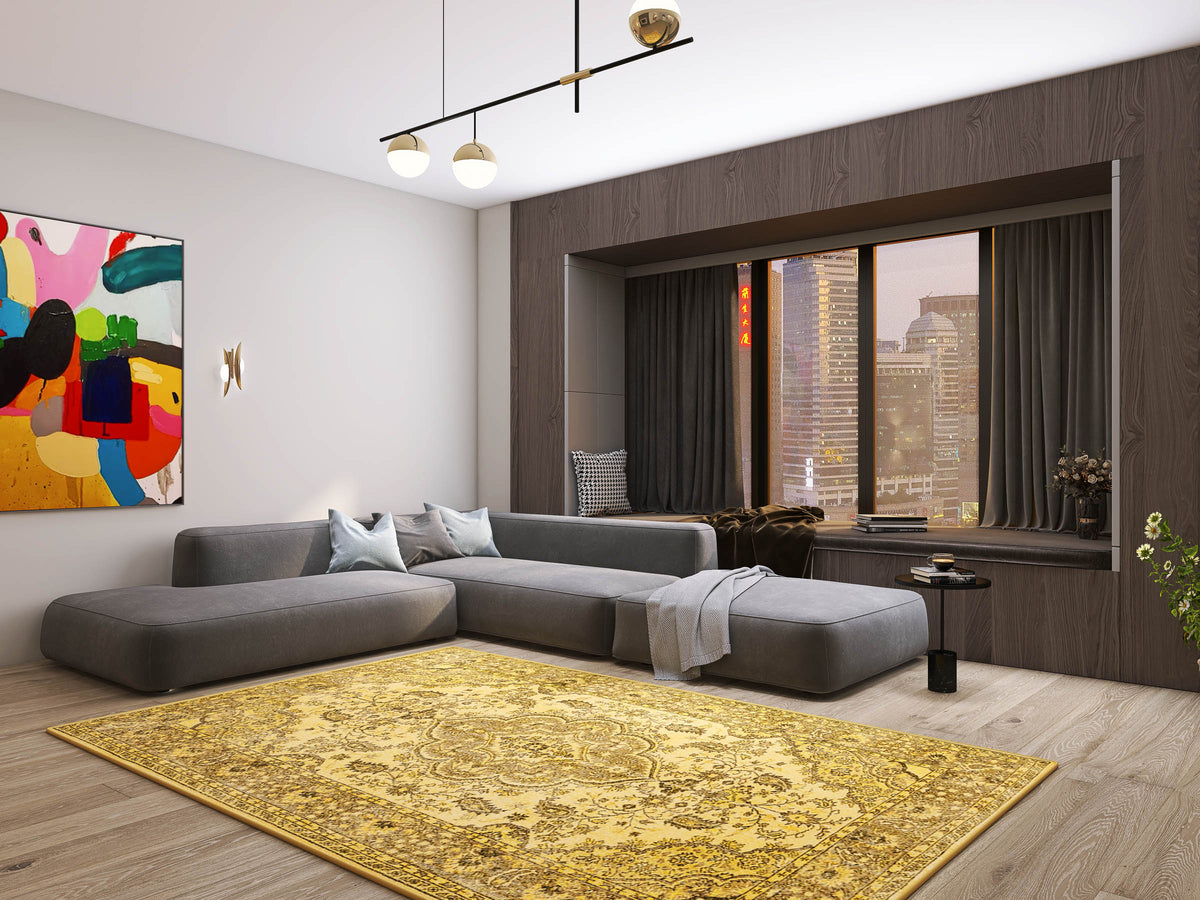 A modern living room features a large gray sectional, abstract wall art, city views through wide windows with dark curtains, and the Eternal Lattice - Washable Rug - JRN1010 adding a bright patterned touch.