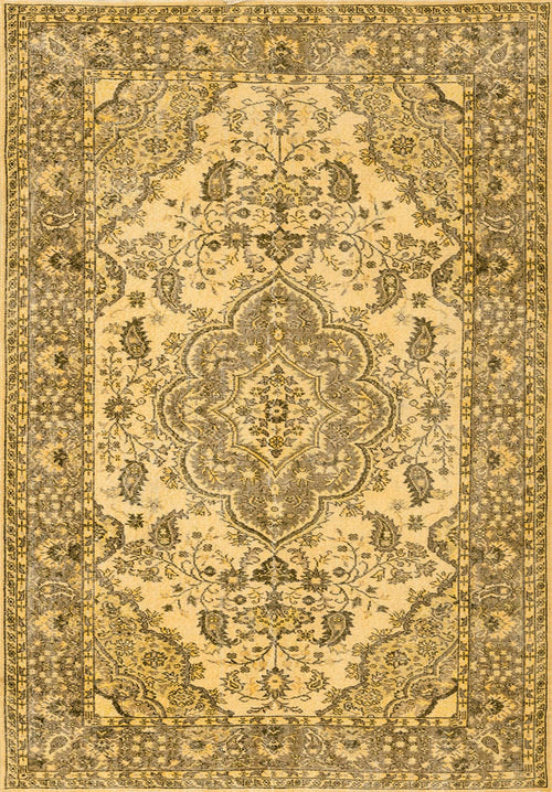 Bild 1 in Galerieansicht laden. The Eternal Lattice - Washable Rug - JRN1010 (Custom Size) features a rectangular beige and gold Persian-style design with intricate floral patterns, a symmetrical central medallion, and detailed vine-patterned borders.