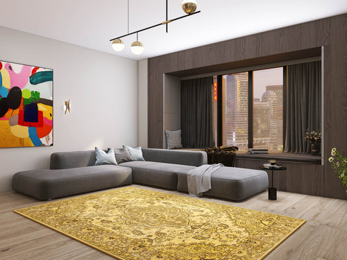 Bild 1 in Galerieansicht laden. Modern living room with a gray sectional sofa, Eternal Lattice - Washable Rug - JRN1010 (Custom Size), contemporary artwork, large city-view window, and a black side table with decor.