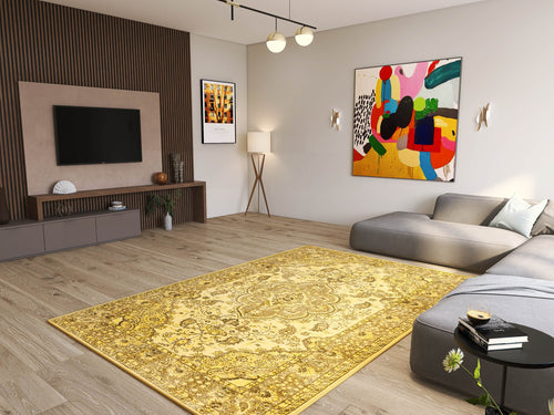 Bild 1 in Galerieansicht laden. Modern living room featuring the Eternal Lattice - Washable Rug - JRN1010 (Custom Size) in yellow, paired with a gray sectional, wall-mounted TV, abstract art, floor lamp, wooden accents, and brightened by natural and decorative lighting.