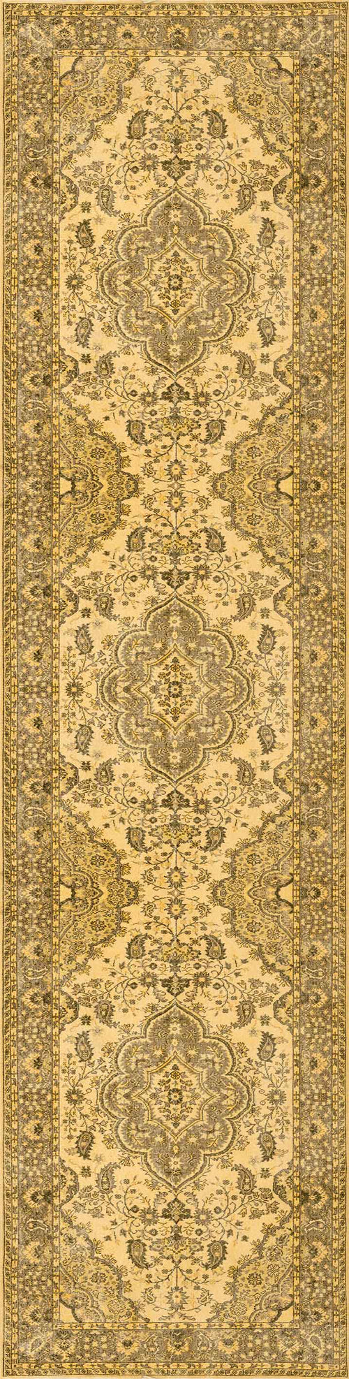Bild 1 in Galerieansicht laden. The Eternal Lattice - Washable Rug - JRN1010 (Custom Size) features a long, rectangular beige and gold design with intricate symmetrical floral and geometric patterns, finished with a detailed darker floral border.
