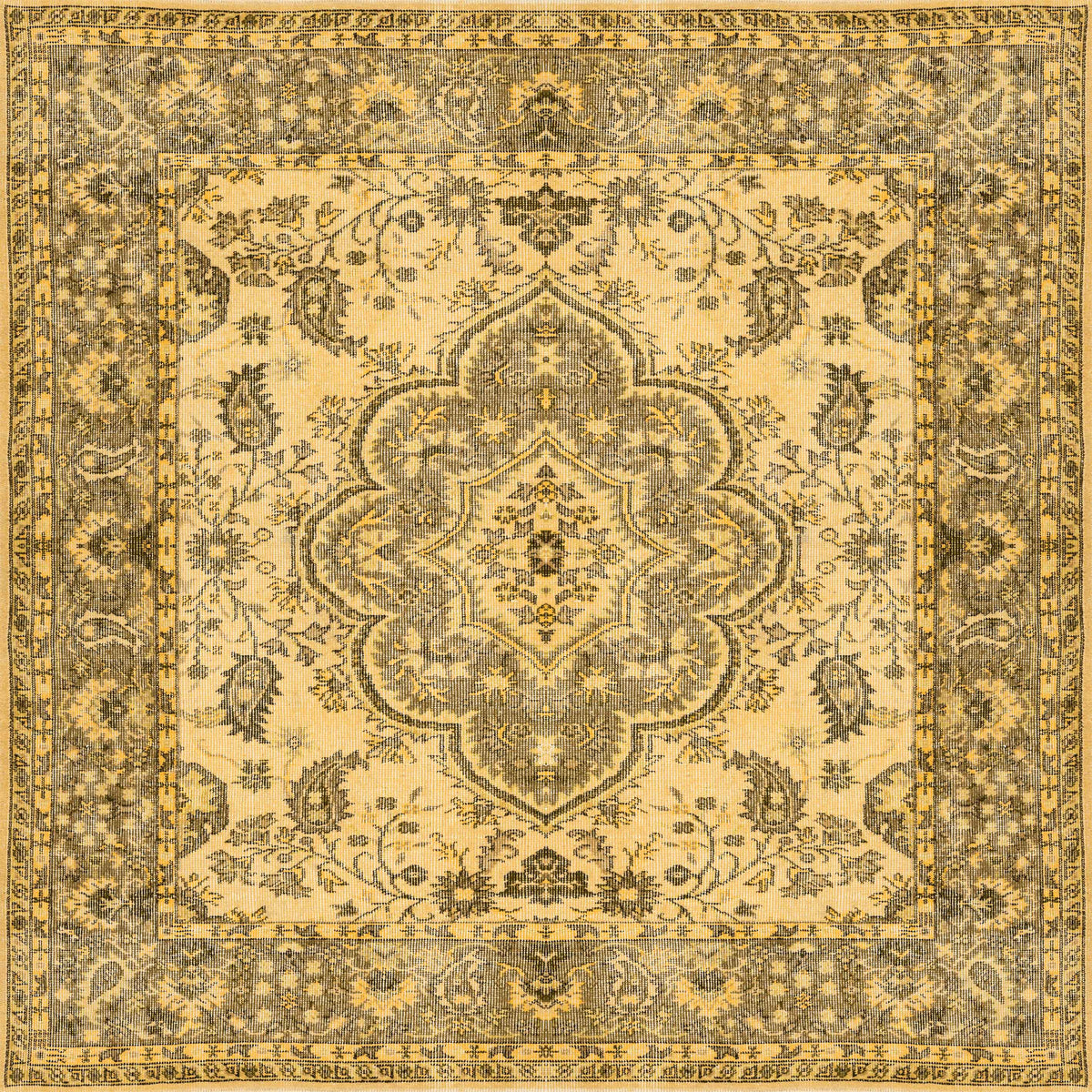 The Eternal Lattice - Washable Rug - JRN1010 (Custom Size) is a rectangular Persian-style rug with intricate gold, beige, and brown floral and vine patterns, a central medallion, and a decorative border.