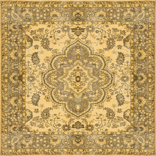 Bild 1 in Galerieansicht laden. The Eternal Lattice - Washable Rug - JRN1010 (Custom Size) is a rectangular Persian-style rug with intricate gold, beige, and brown floral and vine patterns, a central medallion, and a decorative border.