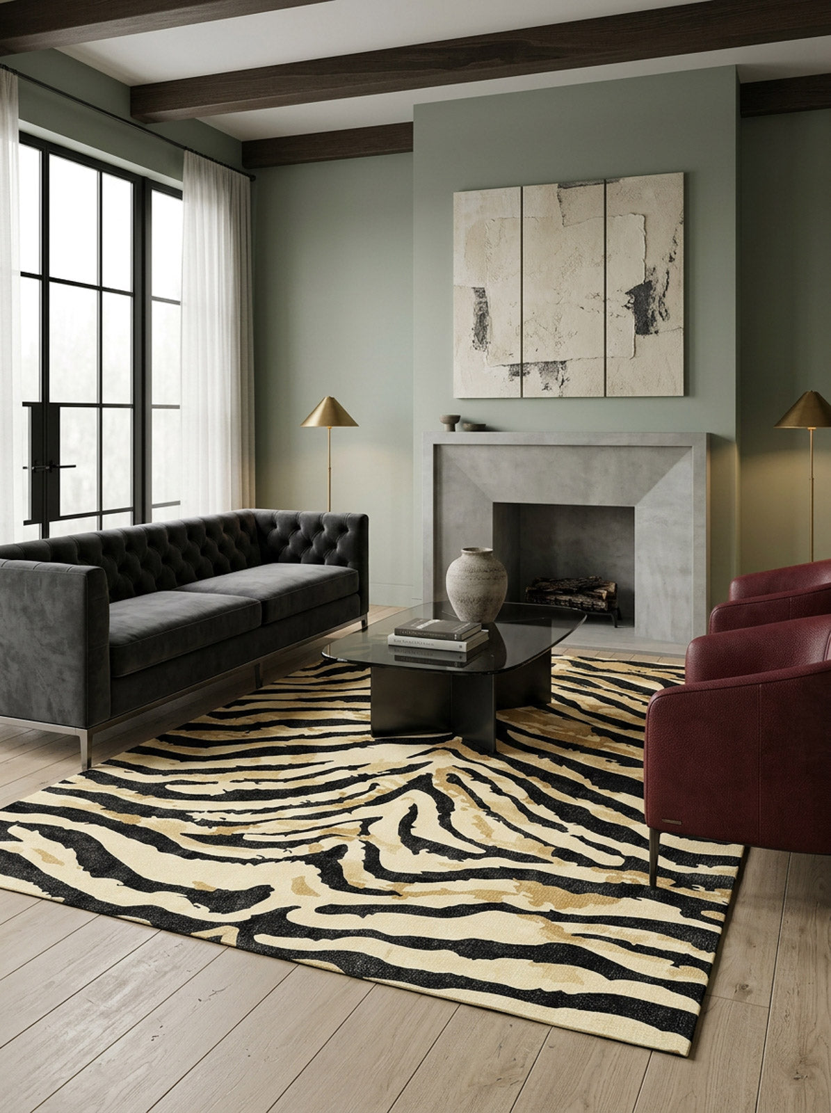 Black, tan, and cream zebra-print rug in a modern living room with a fireplace and dark furniture.