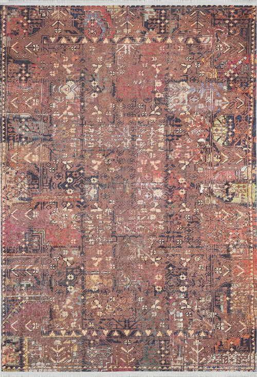 Load image 1 in gallery view. The Ethereal Elegance - Washable Rug - JR1651 (Custom Size) features vintage-inspired geometric and floral patterns in earthy bronze, brown, rust, beige, muted reds, blue, and gold tones with a distressed finish for an authentic worn look.
