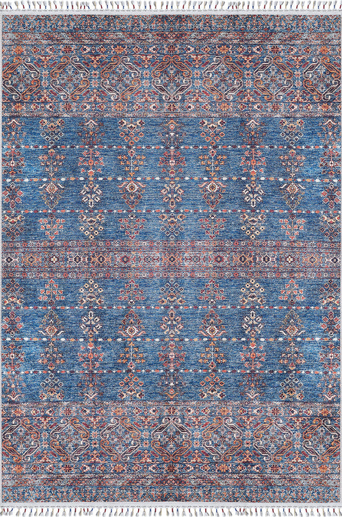 Load image 1 in gallery view. The Ethereal Essence - Washable Rug - JR5087 (Custom Size) features blue, red, white, and orange floral and geometric patterns, symmetrical rows, and fringed edges—making it ideal for high-traffic areas.