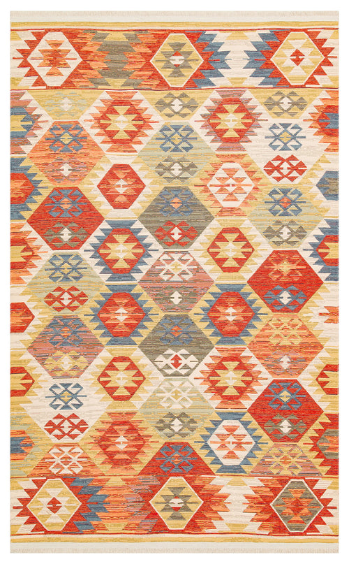 Bild 1 in Galerieansicht laden. The Ethnic Mix - Kilim - NMD01 is a vibrant multicolour rug with geometric diamonds, hexagons, and triangles in red, orange, yellow, blue, and cream. Symmetrical tribal motifs add unique boho charm.