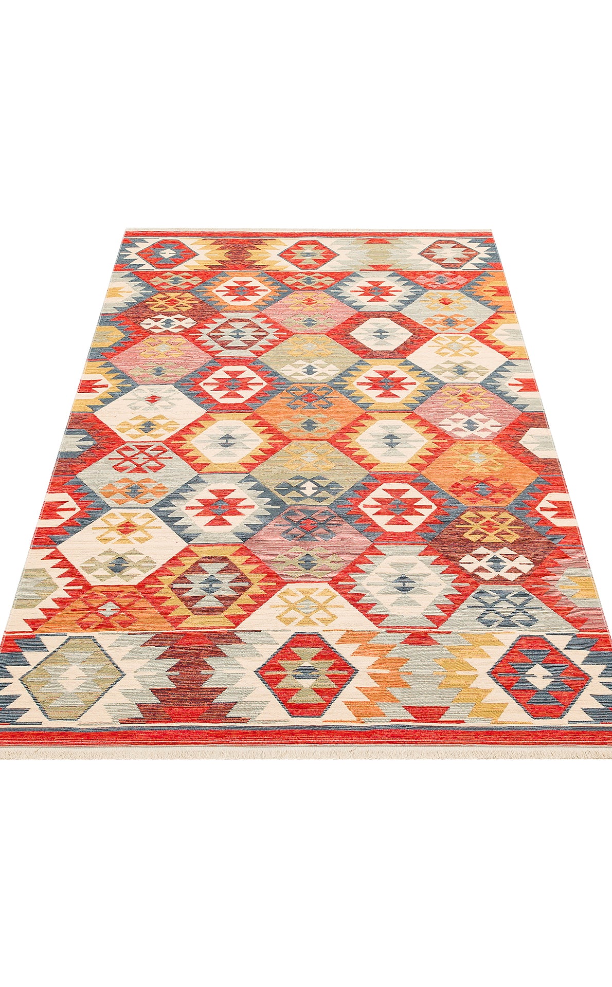 The Ethnic Mix - Kilim - NMD01 rug features a vibrant geometric diamond pattern with subtle tribal motifs in red, yellow, blue, and cream on a white background.