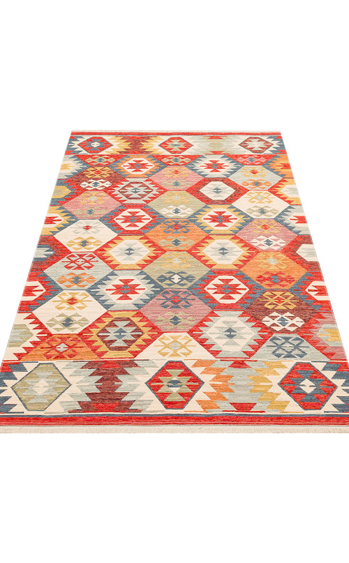 Bild 1 in Galerieansicht laden. The Ethnic Mix - Kilim - NMD01 rug features a vibrant geometric diamond pattern with subtle tribal motifs in red, yellow, blue, and cream on a white background.