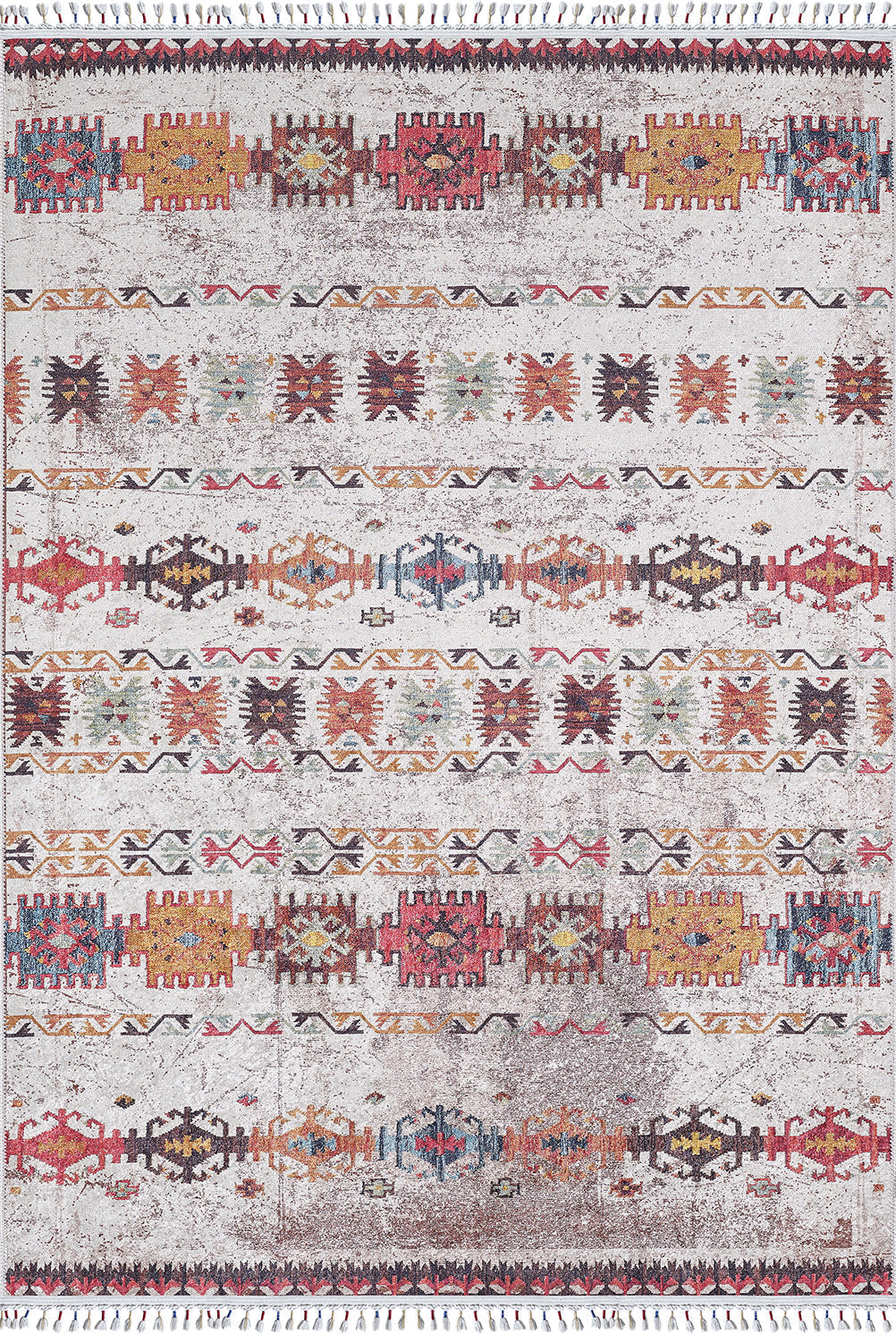 The Ethno Expanse - Machine-Washable Rug - JR5046 features a rectangular flat weave with colorful geometric patterns in red, yellow, green, and blue on a cream background. Its faded look and fringed edges add extra style and texture. Custom sizes available.