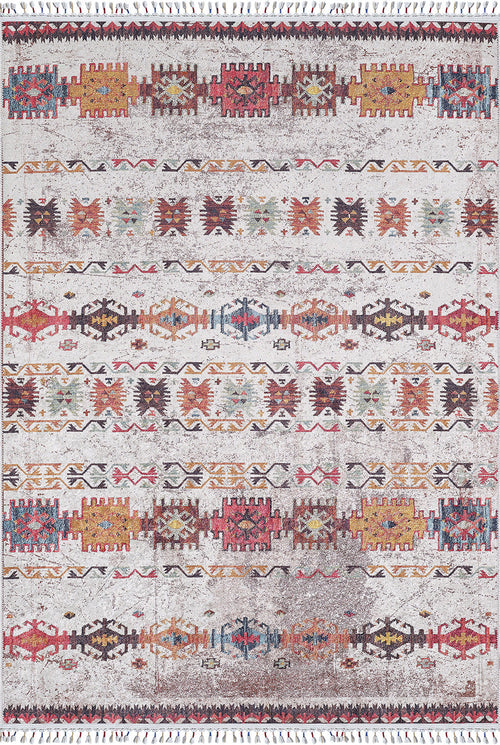 Load image 1 in gallery view. The Ethno Expanse - Machine-Washable Rug - JR5046 features a rectangular flat weave with colorful geometric patterns in red, yellow, green, and blue on a cream background. Its faded look and fringed edges add extra style and texture. Custom sizes available.