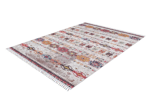 Load image 1 in gallery view. Ethno Expanse - Machine-Washable Rug - JR5046 features a rectangular flat weave with a southwestern geometric pattern in red, yellow, blue, and brown on a light background, fringed edges, and easy-care washable design. Custom size available.