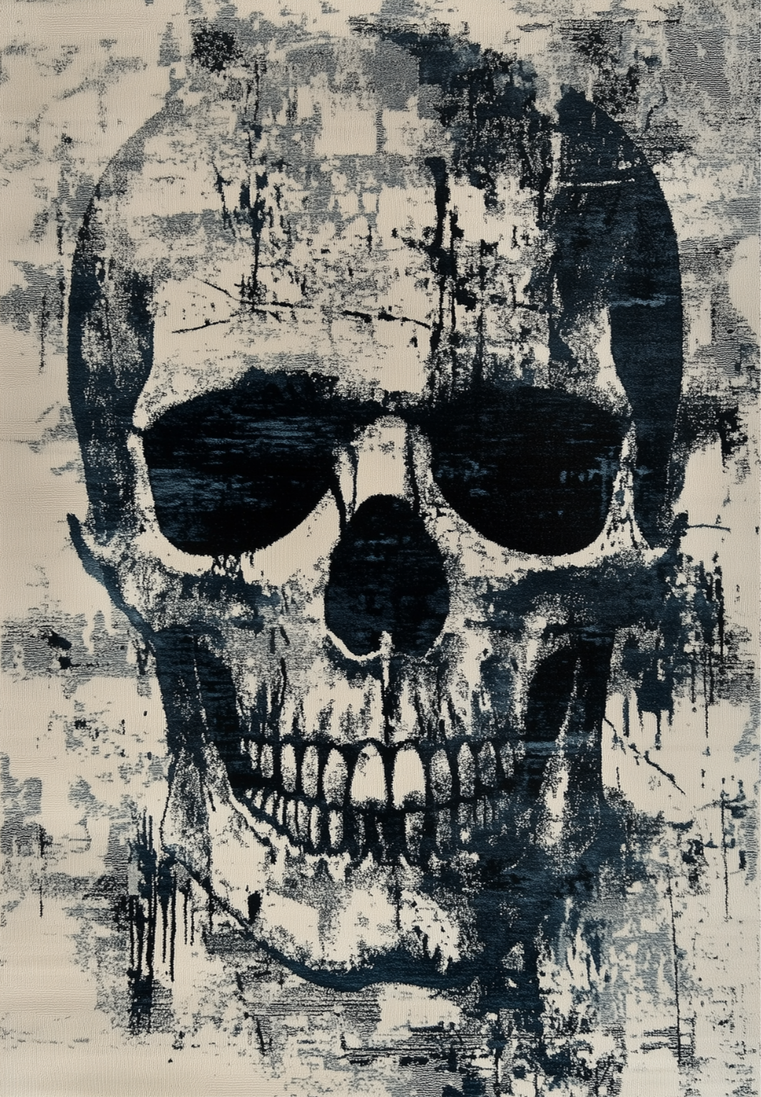 The Faded Skull - Washable Rug - HLW008 features a black and white abstract human skull design with distressed, dripping paint effects on a light background, bringing bold modern style to your space.
