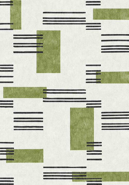 Bild 1 in Galerieansicht laden. The Faded Treasure - Washable Rug - JRN46 showcases olive green rectangles and horizontal black lines on a light beige background, offering a minimalist, modern look ideal for contemporary spaces.