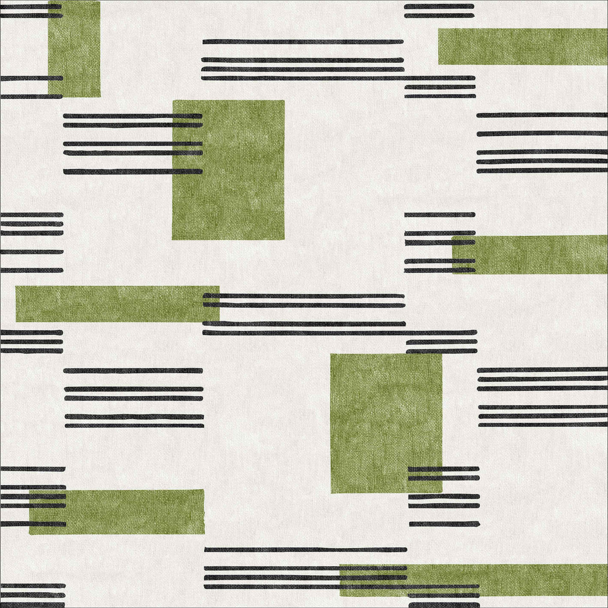 Faded Treasure - Washable Rug - JRN46 features a modern geometric design with green rectangles and horizontal black lines of varying lengths on a white background, offering a balanced, minimalist look.