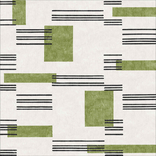 Bild 1 in Galerieansicht laden. Faded Treasure - Washable Rug - JRN46 features a modern geometric design with green rectangles and horizontal black lines of varying lengths on a white background, offering a balanced, minimalist look.