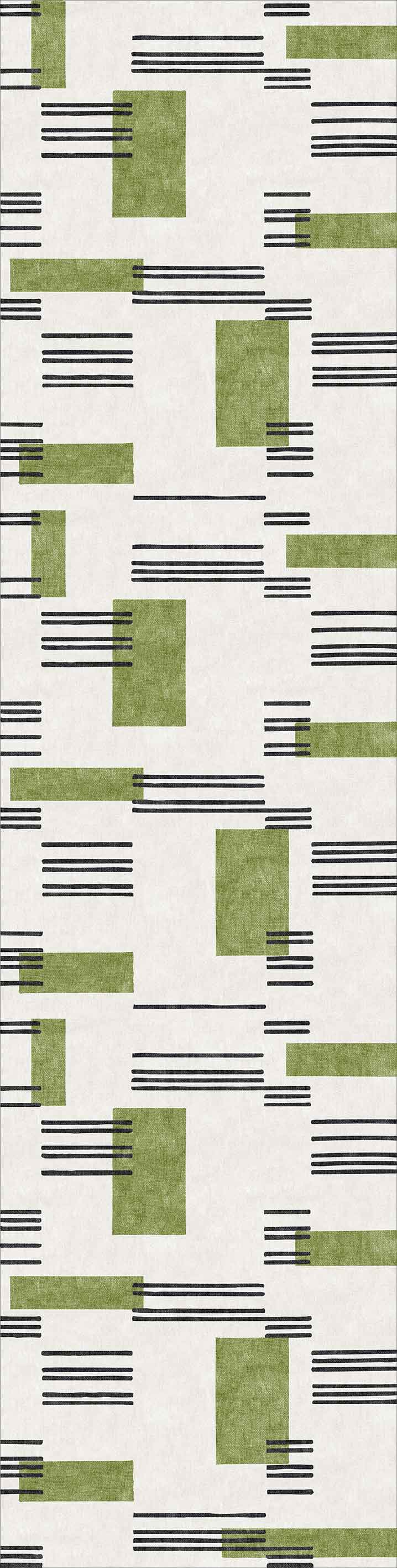 The Faded Treasure - Washable Rug - JRN46 (Custom Size) features a modern geometric design with green rectangles and black horizontal lines on a light beige background, ideal for high-traffic areas.
