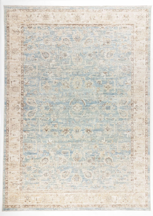 Load image 1 in gallery view. The Faded Azure - Area Rug - APX2941 is a rectangular blue and beige Persian vintage rug with intricate floral and geometric patterns, a wide beige border, and subtle detailing—perfect for your living room.