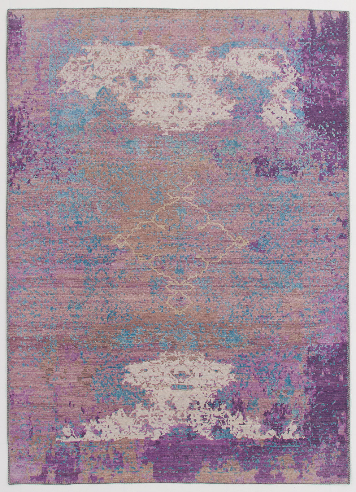 The Faerie Weave - Washable Rug - JRS005 is a rectangular, purple rug with an abstract design in lavender, beige, and light blue tones, featuring irregular patterns and a vintage-style distressed look—ideal for high-traffic areas.