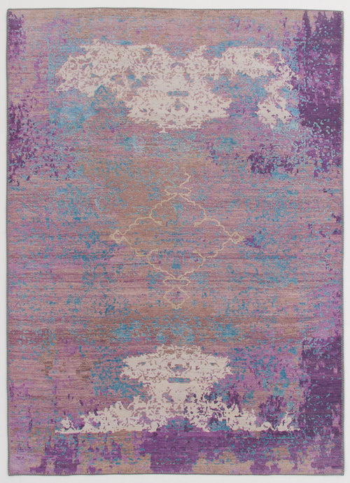 Load image 1 in gallery view. The Faerie Weave - Washable Rug - JRS005 is a rectangular, purple rug with an abstract design in lavender, beige, and light blue tones, featuring irregular patterns and a vintage-style distressed look—ideal for high-traffic areas.