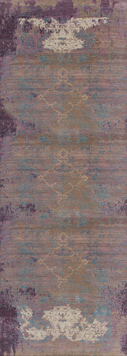 Load image 1 in gallery view. The Faerie Weave - Washable Rug (JRS005) is a rectangular abstract purple rug with blue, gold, and cream patches, subtle horizontal lines, and a distressed look—great for high-traffic areas.