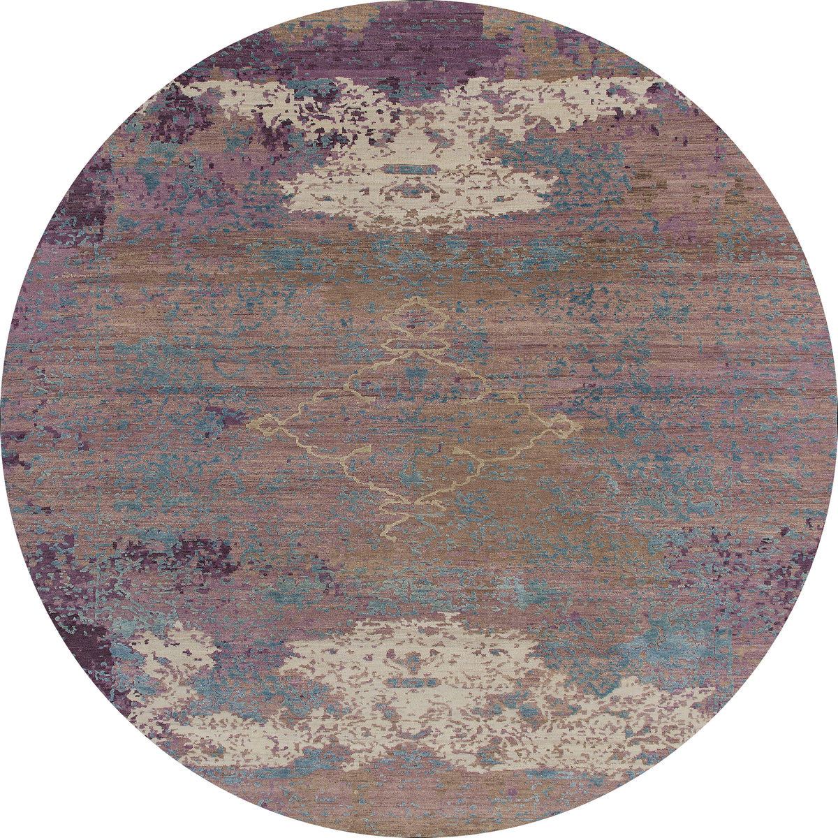 The Faerie Weave - Washable Rug - JRS005 is a round, purple rug with an abstract pattern in muted blue, beige, and brown. Its distressed texture and irregular color patches make it perfect for high-traffic areas.
