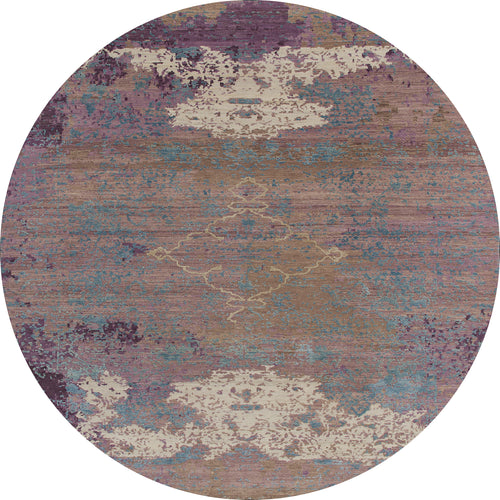 Load image 1 in gallery view. The Faerie Weave - Washable Rug - JRS005 is a round, purple rug with an abstract pattern in muted blue, beige, and brown. Its distressed texture and irregular color patches make it perfect for high-traffic areas.