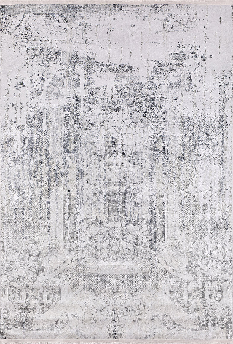 The Faint Memories - Washable Rug - JR1437 (Custom Size) is a distressed, vintage-style flat weave rug with a faded, intricate gray and white pattern featuring subtle floral and geometric motifs for an aged look.