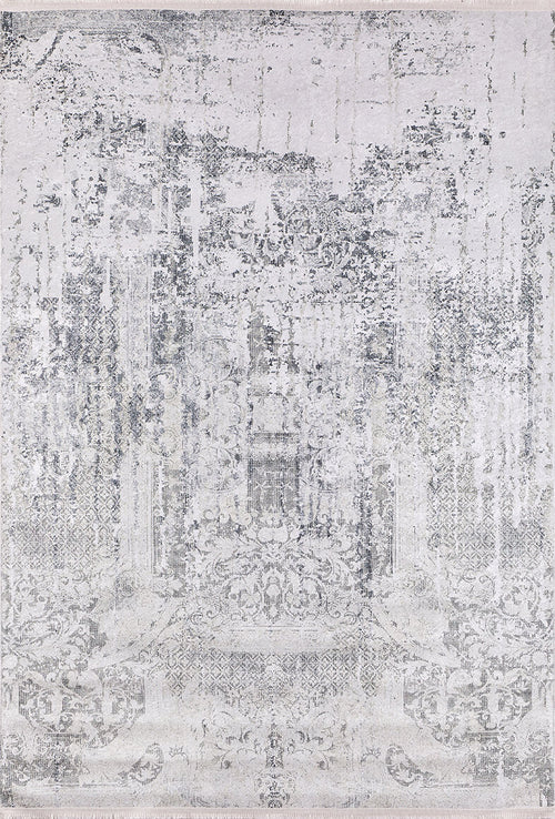 Bild 1 in Galerieansicht laden. The Faint Memories - Washable Rug - JR1437 (Custom Size) is a distressed, vintage-style flat weave rug with a faded, intricate gray and white pattern featuring subtle floral and geometric motifs for an aged look.